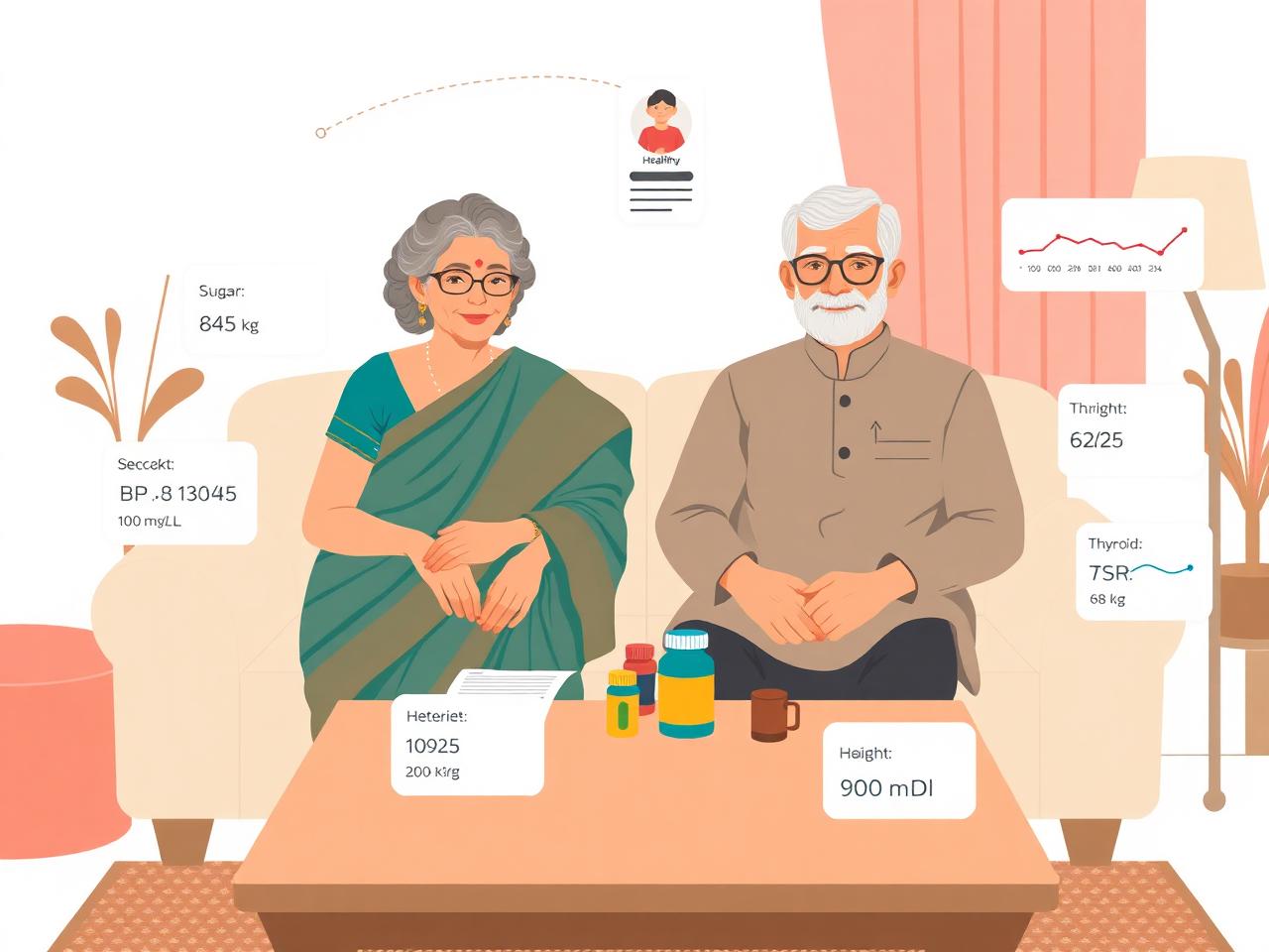 Elderly Indian parents at home with prescriptions and live health stats — BP, sugar, weight, thyroid