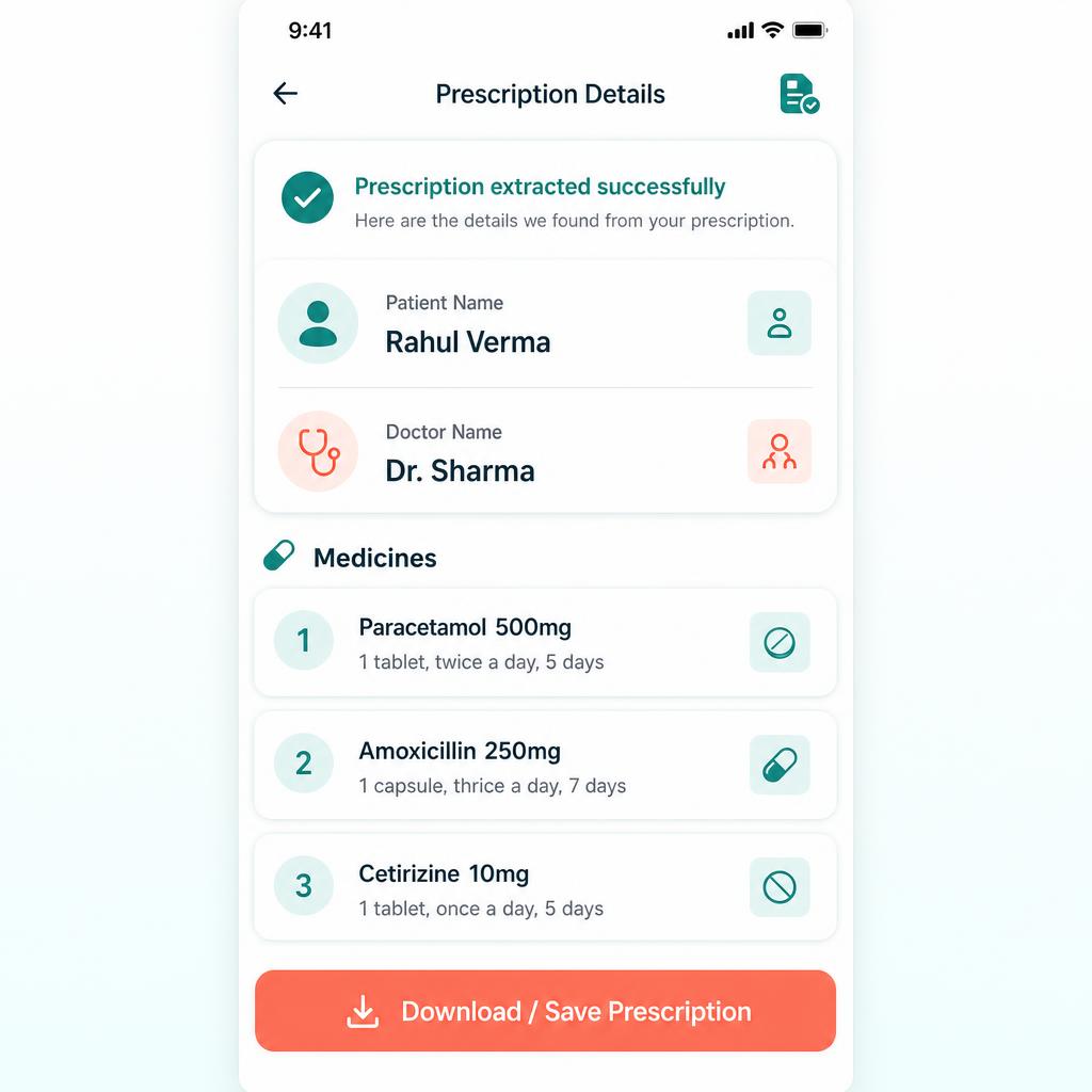 Extracted prescription details shown inside the MyMi app